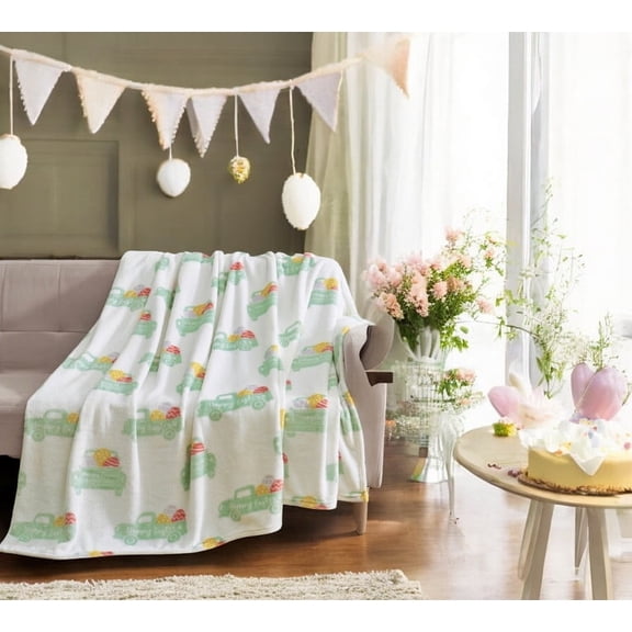 Easter Spring Velvet Fleece Throw Blanket: Green Happy Easter Trucks with Red Yellow Purple Eggs on a Colorful Soft Cozy White Print, Oversized 50" x 70"