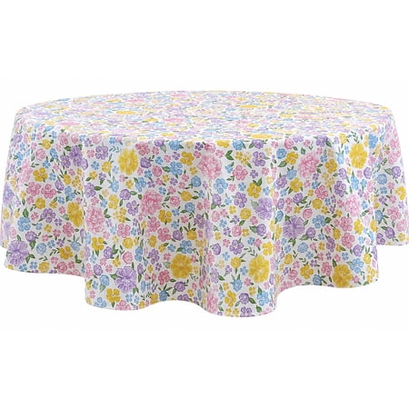 Serafina Home Spring Easter Vinyl Flannel Backed Tablecloth for Dining Room Kitchen Table Decor: Bursting Floral Flower Blooms Design Pink Blue Green Yellow Purple White-Pastel Flowers 70" Round