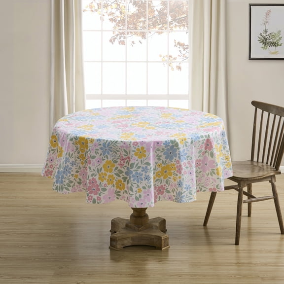 Serafina Home Spring Easter Vinyl Flannel Backed Tablecloth for Dining Room Kitchen Table Decor: Happy Easter Decorative Floral Pink Blue Green White (Pastel Flowers 70" Round)
