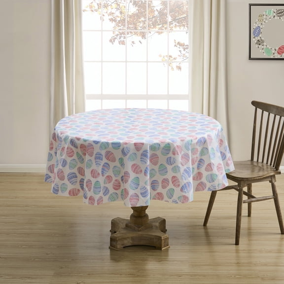 Serafina Home Spring Easter Vinyl Flannel Backed Tablecloth for Dining Room Kitchen Table Decor: Happy Easter Ombre Ornate Decorate Decorative Eggs Pink Blue Green White (Ombre Egg, 70" Round)