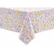 Serafina Home Spring Easter Vinyl Flannel Backed Tablecloth for Dining Room Kitchen Table Decor Bursting Floral Flower Blooms Design, Pink Blue Purple Yellow Green White-Pastel Flowers 60" x 102"