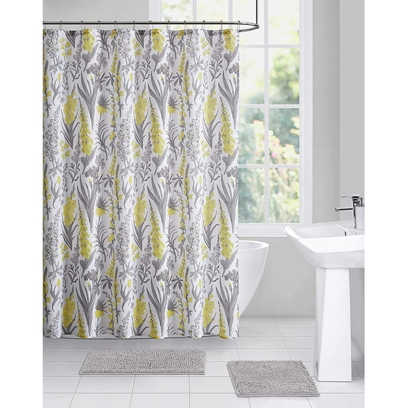 Serafina Home Spring Floral Fabric Shower Curtain: Watercolor Flowers and Leaves (Bellflowers Yellow)