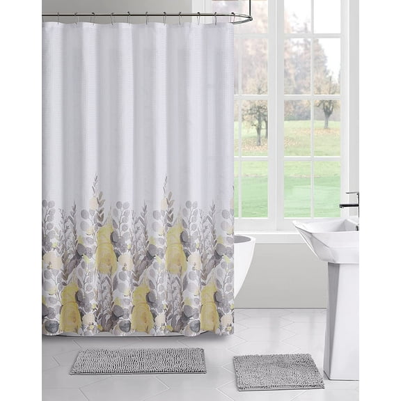 Serafina Home Spring Floral Yellow Shower Curtain for Bathroom: Watercolor Flowers and Leaves, Yellow Peach Beige Gray White (Aries Yellow) Fabric