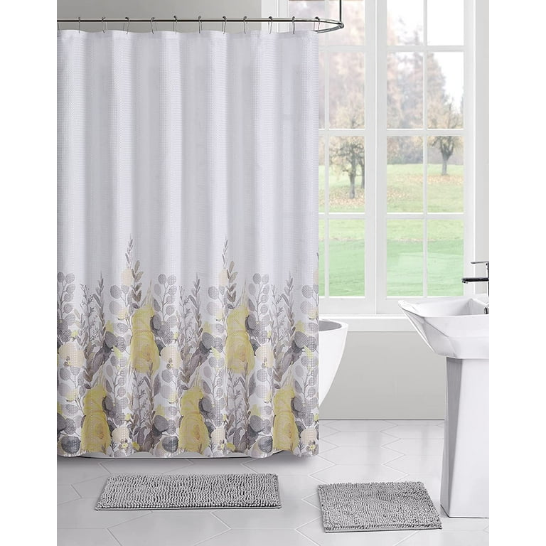 Serafina Home Spring Floral Yellow Shower Curtain for Bathroom Watercolor Flowers and Leaves Yellow Peach Beige Gray White Aries Yellow Fabric