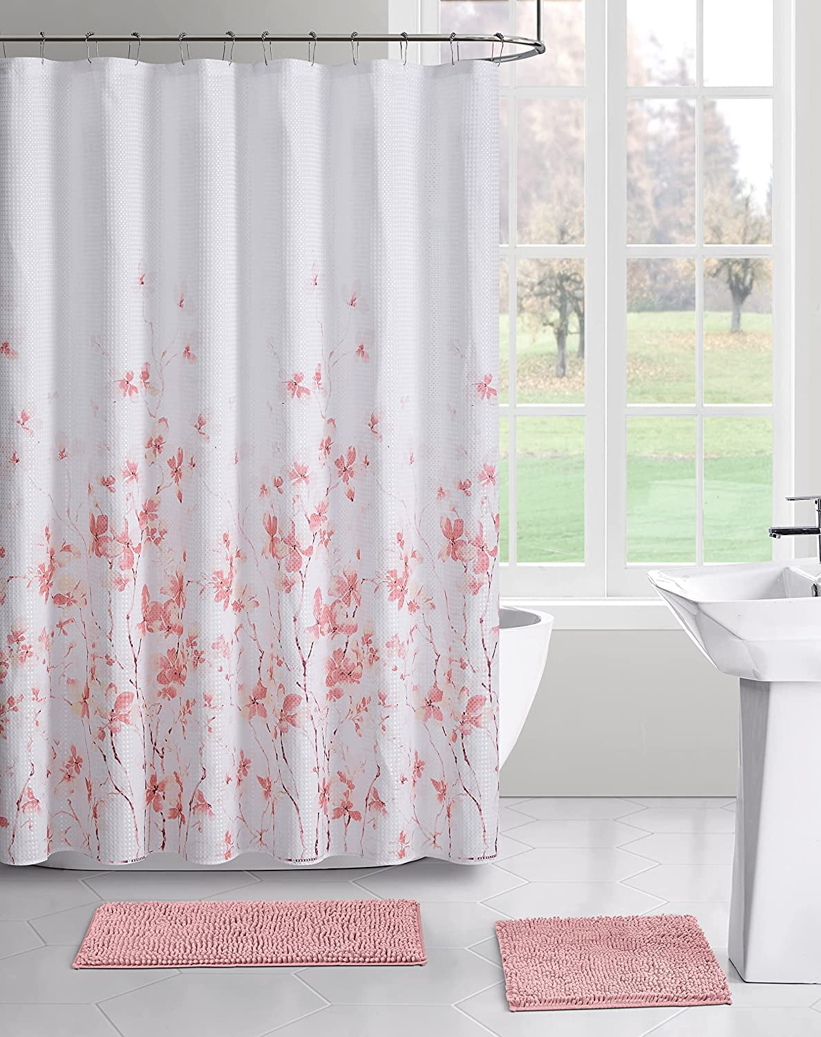 Serafina Home Spring Pink Floral Fabric Shower Curtain Watercolor Flowers and Leaves (Forsythia