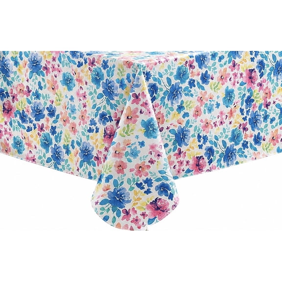 Serafina Home Spring Summer Vinyl Flannel Backed Tablecloth for Dining Room Kitchen Table Decor: Bursting Floral Flower Blooms Design Pink Blue Green, Yellow Coral 60" x 102"