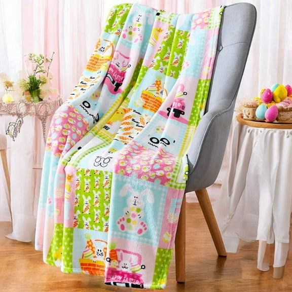 Serafina Home Throw Blanket: Playful Easter Bunny, Soft Cozy Velvet Fleece, Blue Yellow, 50" x 60"