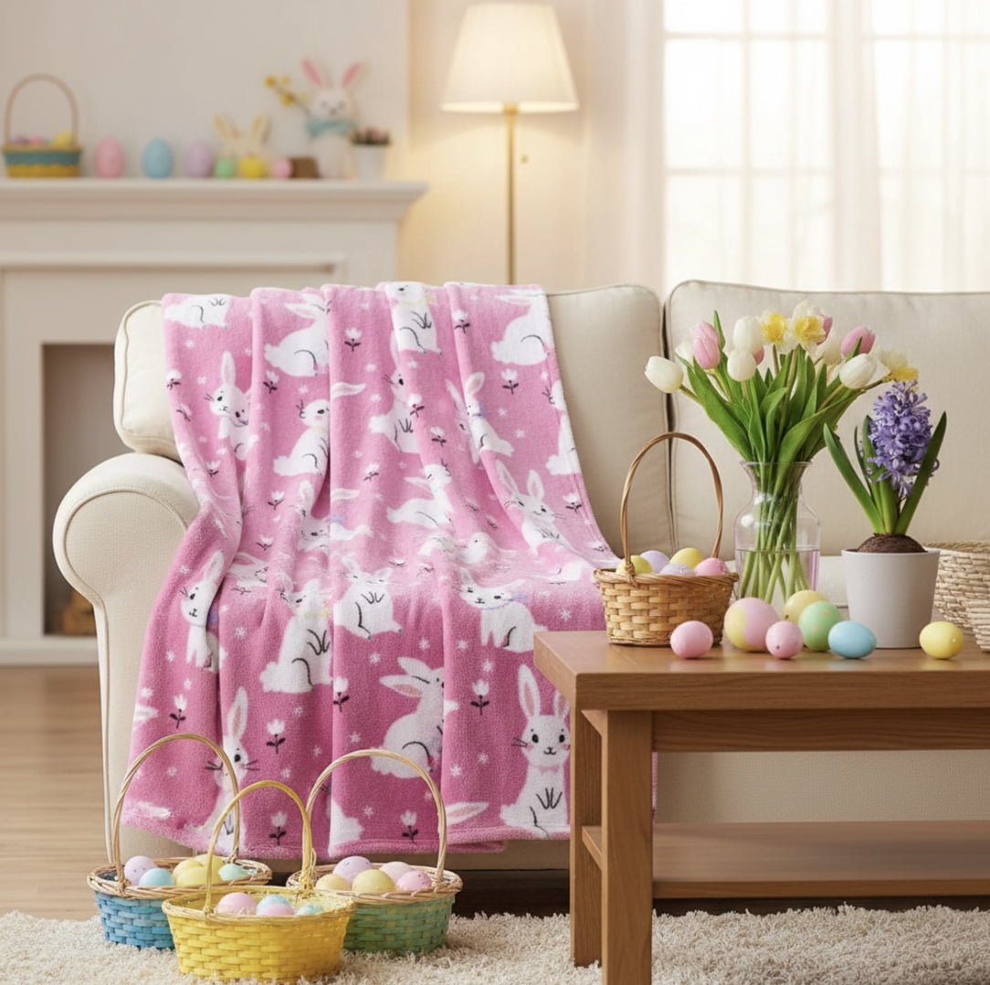Serafina Home Spring Easter Bunny Throw Blanket, Soft Cozy Velvet Fleece, Pink And White, 50" x 60" Inch