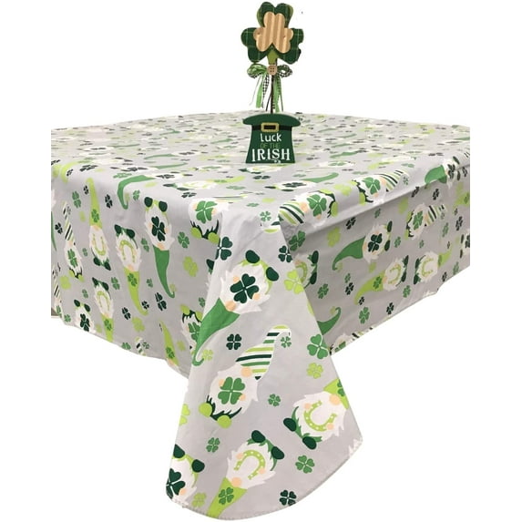 Serafina Home St. Patrick's Day Flannel Back Vinyl Tablecloth: Cute Garden Gnomes Celebrate with Shamrock Clovers Decorations Table Cover (52" x 90" Inch)