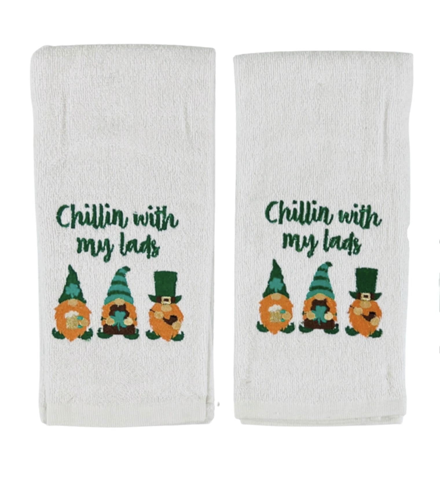 Serafina Home St. Patrick's Day Irish Hand Towels: Green Gnomes Embroidery and Applique, 100% Cotton, White
