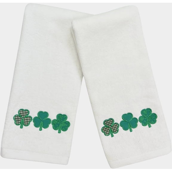 Serafina Home St. Patrick's Day Irish Hand Towels: Green Patterned Shamrock Clover Embroidery and Applique, 100% Cotton, White 16" x 25"