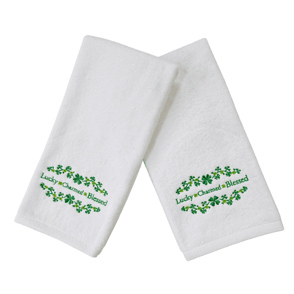 Serafina Home St. Patrick's Day Irish Hand Towels: Two Toned Green Lucky Blessed Charmed Clover Embroidery, 100% Cotton, White 16" x 25"