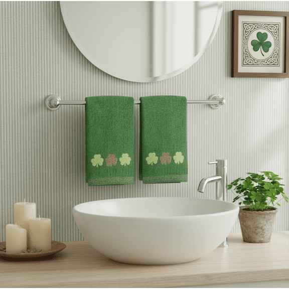 Serafina Home St. Patrick's Day Irish Kitchen Bath Guest Hand Fingertip Towels: Soft Absorbent Embroidered Green Gold Triple Shamrocks Clovers Design, 100% Cotton, Set of Two, 12" x 18"