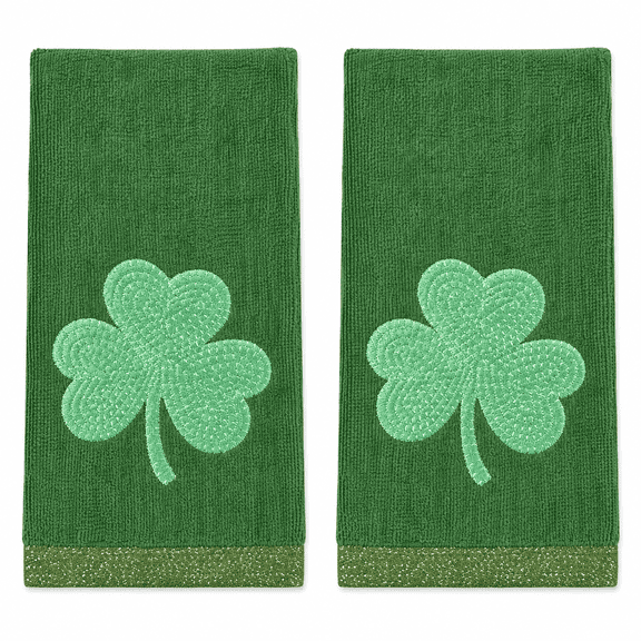 Serafina Home St. Patrick's Day Irish Kitchen Bath Guest Hand Fingertip Towels: Soft Absorbent Embroidered Green Shamrocks Clovers Design, 100% Cotton, Green, Set of Two, 12" x 18"