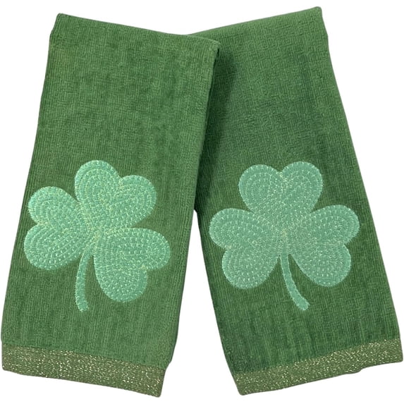 Serafina Home St. Patrick's Day Irish Kitchen Bath Guest Hand Fingertip Towels: Soft Absorbent Embroidered Green Shamrocks Clovers Design, 100% Cotton, Green, Set of Two, 12" x 18"