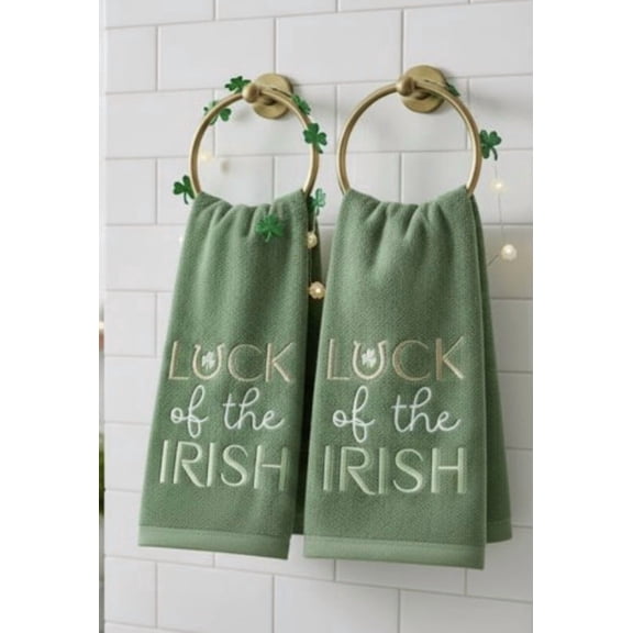 Serafina Home St. Patrick's Day Irish Kitchen Bath Guest Hand Fingertip Towels: Soft Absorbent Embroidered Luck Of The Irish Design, 100% Cotton, Green, Set of Two, 12" x 18"