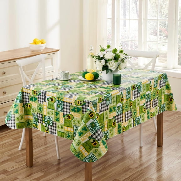 Serafina Home St. Patrick's Day Irish Vinyl Flannel Backed Tablecloth for Dining Room Kitchen Table Decor: St. Pat's Lucky Shamrock Clovers Green White Yellow Gold St. Pats Patchwork 52" x 70"