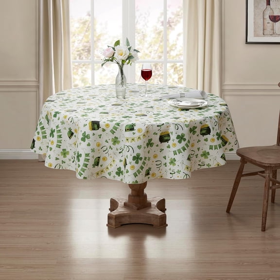 Serafina Home St. Patrick's Day Irish Vinyl Flannel Backed Tablecloth for Dining Room Kitchen Table Decor: St. Pat's Lucky Shamrock Clovers Green White Yellow Gold 70"