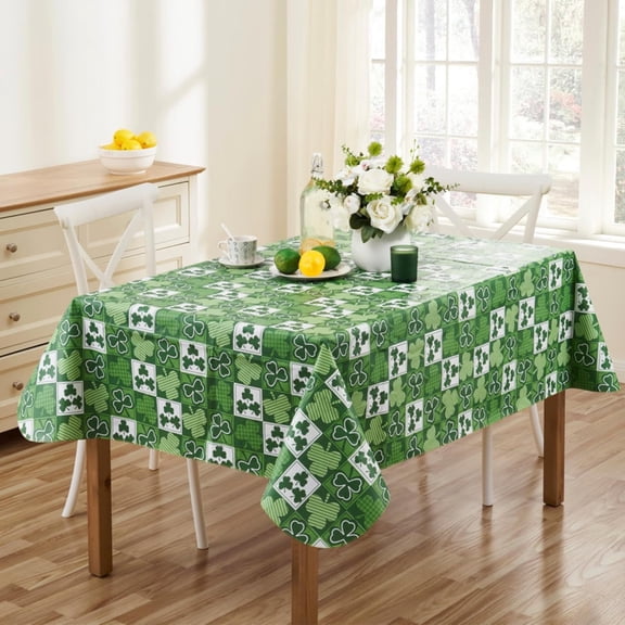 Serafina Home St. Patrick's Day Irish Vinyl Flannel Backed Tablecloth for Dining Room Kitchen Table Decor: St. Pat's Lucky Shamrock Clovers Green White Yellow Gold 52" x 70"