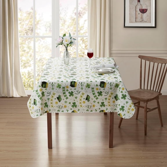 Serafina Home St. Patrick's Day Irish Vinyl Flannel Backed Tablecloth for Dining Room Kitchen Table Decor: St. Pat's Lucky Shamrock Clovers Green White Yellow Gold 52" x 70"