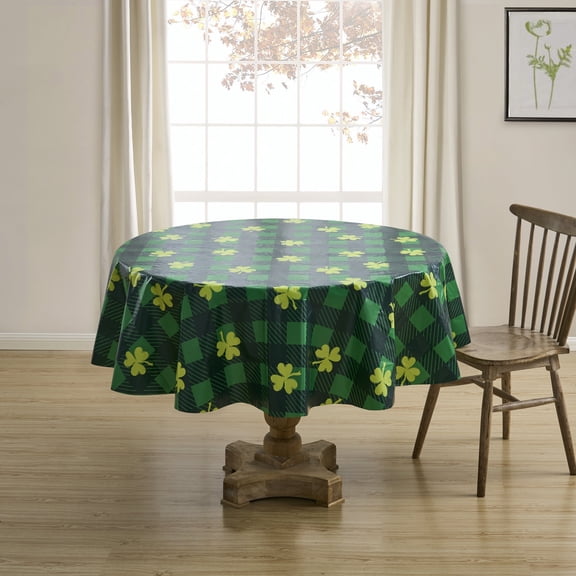 Serafina Home St. Patrick's Day Irish Vinyl Flannel Backed Tablecloth for Dining Room Kitchen Table Decor: St. Pat's Lucky Shamrock Plaid Clovers Green White Yellow Gold St. Pats 70" Round