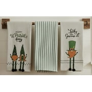 Serafina Home St. Patricks Day Kitchen Towel Set. Happy Irish Gnomes With Striped Towel, Set Of Three