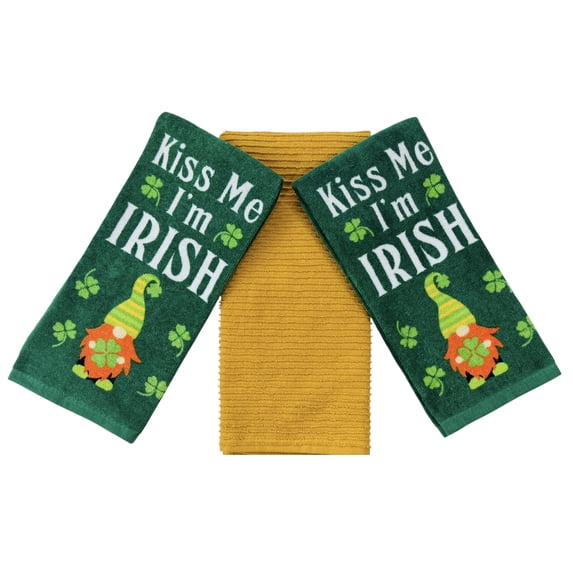 Serafina Home St. Patrick's Day Kitchen Towels: Cute Irish Gnome and Decorative Shamrocks Clovers, Kiss Me Saying Set