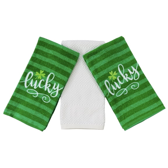 Serafina Home St. Patrick's Day Kitchen Towels: Golden Shamrock Lucky Saying Green Striped Soft Velour and Terry Cotton 3 Piece Set
