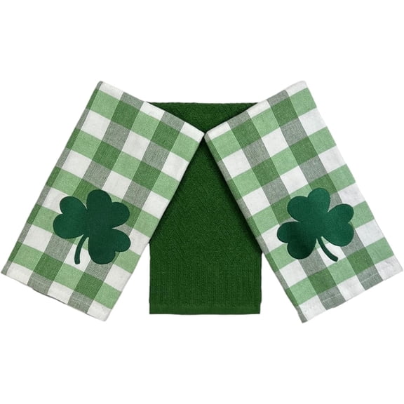 Serafina Home St. Patrick's Day Irish Bath Guest Hand Kitchen Towels: Soft Absorbent Embroidered Gingham Green Shamrocks Clovers Design, 100% Cotton, Green White, Three Pc Set, 16" x 26"
