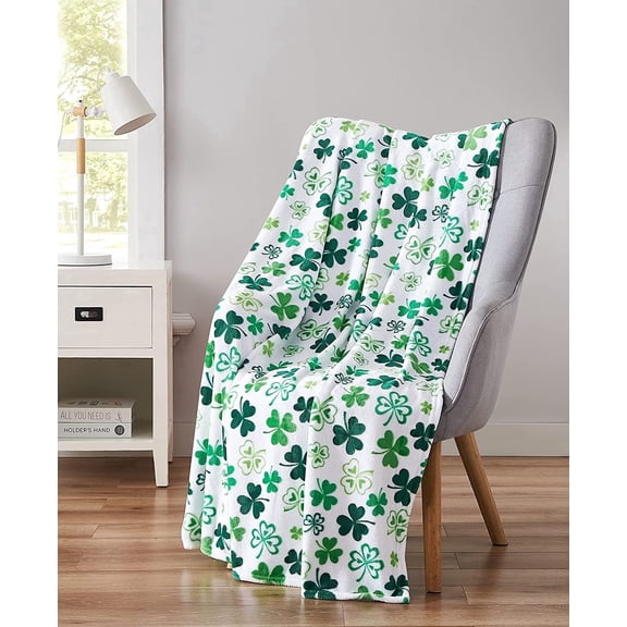 Serafina Home St. Patrick's Day Soft Throw Blanket: Greens of Ireland Four Leaf Clover Shamrock Design 50" x 70"