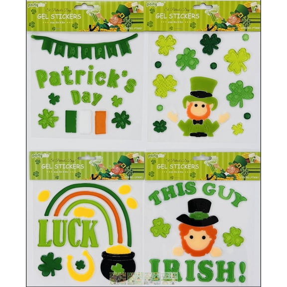 Serafina Home St. Patricks Day Gel Cling Decoration Pack: Textured Irish, Lucky Horseshoe, Four Leaf Clover, Pot of Gold, Top Hat, Flag, Shamrocks