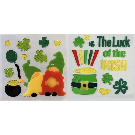 Serafina Home St. Patricks Day Window Stick-on Gel Clings Bundle 2 Sheets - Shamrocks, Luck Of The Irish And Celtic Gnomes