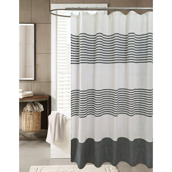 Serafina Home Striped Black and White Fabric Shower Curtain: 100% Cotton Luxury Hotel with Detailed Decorative Weave for Bathroom 70" x 72"