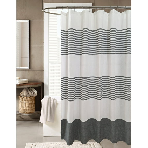 Serafina Home Striped Black and White Fabric Shower Curtain: 100% Cotton Luxury Hotel with Detailed Decorative Weave for Bathroom 70" x 72"