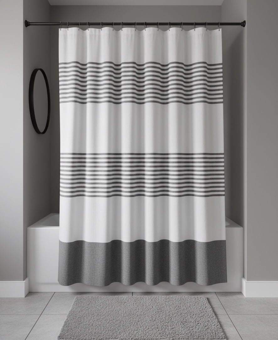 Serafina Home Striped Black and White Fabric Shower Curtain: 100% Cotton Luxury Hotel with Detailed Decorative Weave for Bathroom 70" x 72"