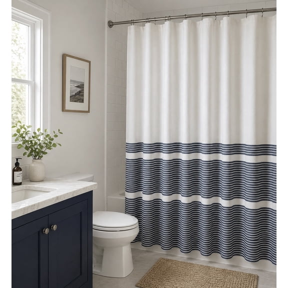 Serafina Home Striped Navy Blue and White Fabric Shower Curtain: 100% Cotton Luxury Hotel With Detailed Decorative Weave For Bathroom 70" x 72"