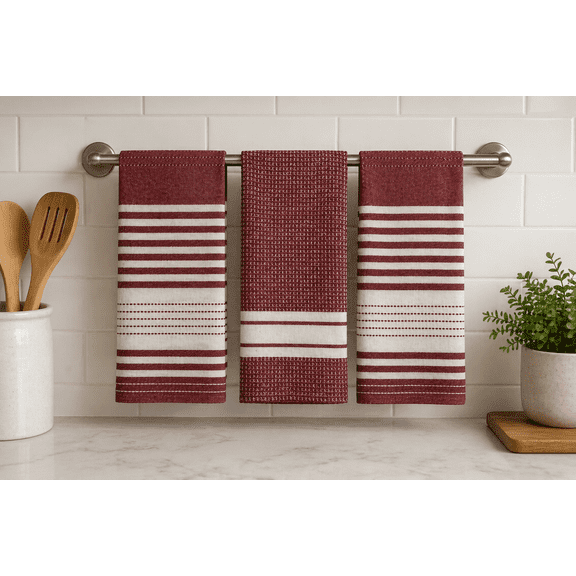 Serafina Home Striped Checkered Box Kitchen Hand Towels: Set of Three (3) 100% Cotton Woven Dish Towels 18" x 28" Light Rust Wine Red
