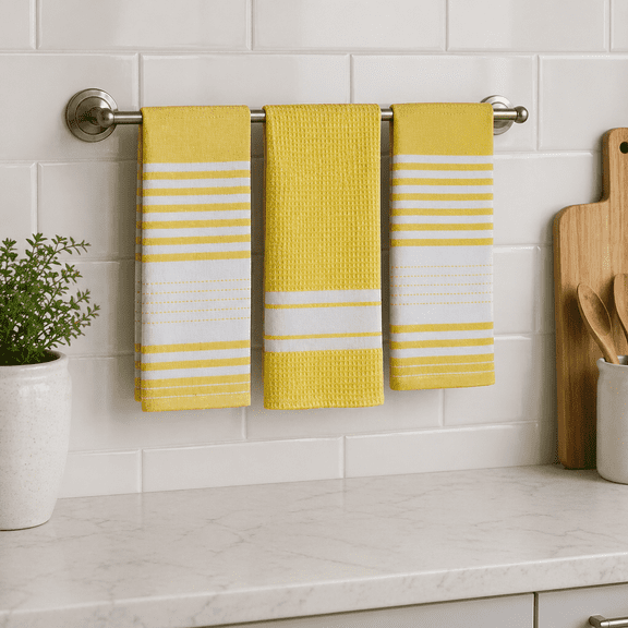 Serafina Home Striped Checkered Box Kitchen Hand Towels: Set of Three (3) 100% Cotton Woven Dish Towels 18" x 28" Yellow White