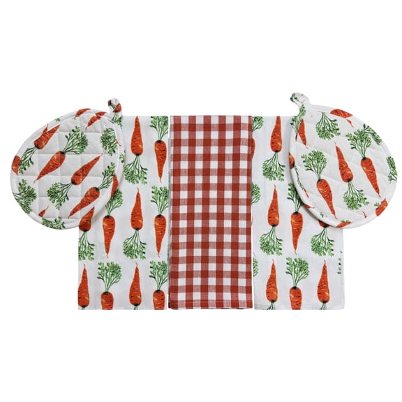 Serafina Home Summer And Spring Orange Carrots Kitchen Set Of 5, Two Potholders And Two Decorative Towels And A Gingham Dish Towel