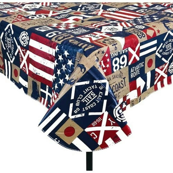 Serafina Home Summer Fun East Coast Sailing Yacht Club Patriotic Patchwork Vinyl Flannel Back Tablecloth (60" round), Red, White, Blue, Tan