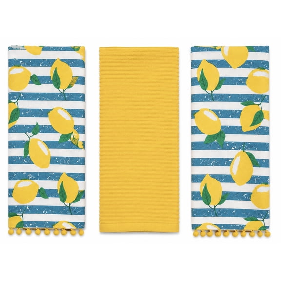 Serafina Home Summer Fun Kitchen Dish Towels Set, 3pc: Bright Colorful Cotton Towels with Fringe (Lemons)