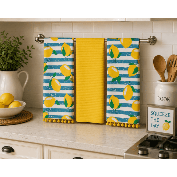 Serafina Home Summer Fun Kitchen Dish Towels Set, 3pc: Bright Colorful Cotton Towels with Fringe (Lemons)