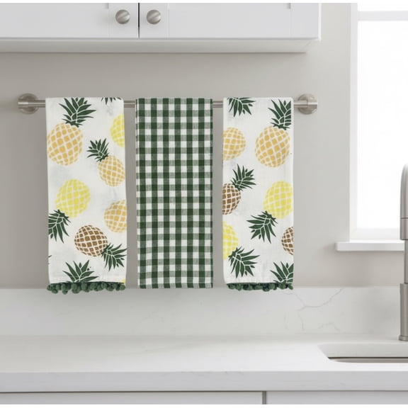 Serafina Home Summer Fun Pineapple Kitchen Dish Towels Set, 2pc: Bright Colorful Cotton Towels with Fringe