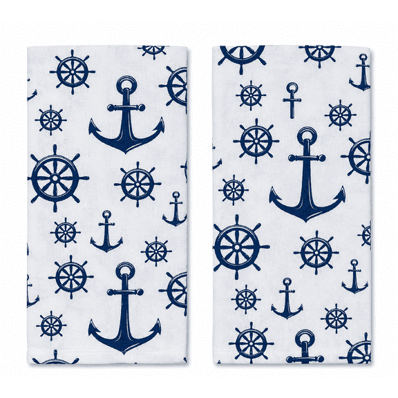 Serafina Home Summer Kitchen Dish Towel Set: Fun Nautical Anchor Captains Wheel Design, Set of 2 (Nautical)