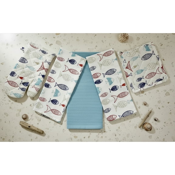 Serafina Home Summer Kitchen Pot Holder Oven Mitt Dish Towel Set: Fun Navy White Red Fish Design, 5 pc Set (Fish)