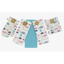 Serafina Home Summer Kitchen Pot Holder Oven Mitt Dish Towel Set: Fun Navy White Red Fish Design, 5 pc Set (Fish)
