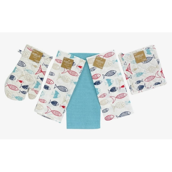 Serafina Home Summer Kitchen Pot Holder Oven Mitt Dish Towel Set: Fun Navy White Red Fish Design, 5 pc Set (Fish)