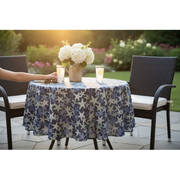 Serafina Home Summer Ocean Fun Starfish Sea Life Vinyl Flannel Back Tablecloth, Indoor/Outdoor, Blue Sea Foam Green White Navy, 60" Inch Diameter Round