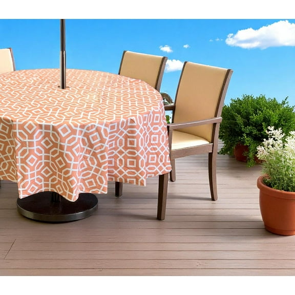 Serafina Home Summer Orange And White Geometric Umbrella Vinyl Tablecloths: Patio Table Cover with Hole and Zipper Closure for Umbrella, 52" x 70" Inch Rectangle