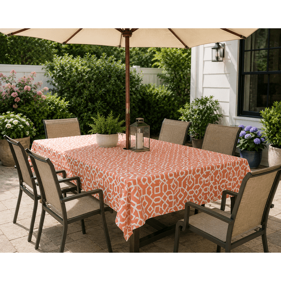 Serafina Home Summer Orange And White Geometric Umbrella Vinyl Tablecloths: Patio Table Cover with Hole and Zipper Closure for Umbrella, 52" x 70" Inch Rectangle